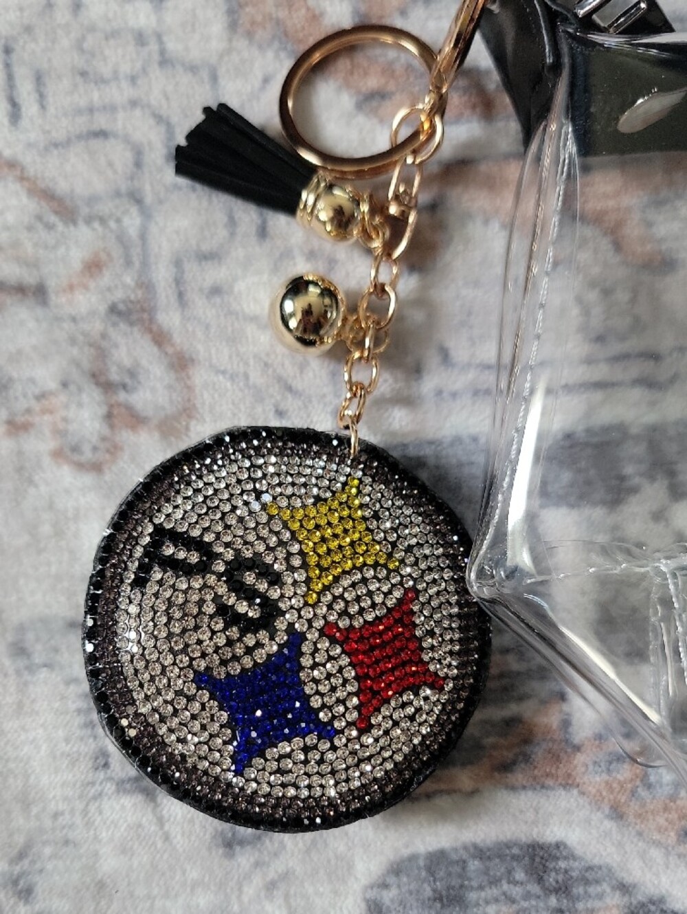 Go STEELERS !! Crystal Studded Round Keychain Purse Charm with Colored Stars - Picture 2 of 5